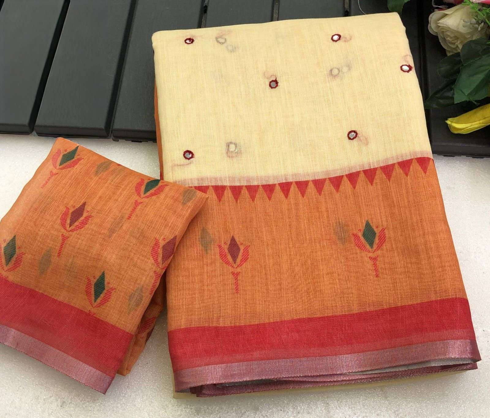 Linen mirror Soft Linen and cotton mix fabric saree with real mirror work on saree wholesale in surat
